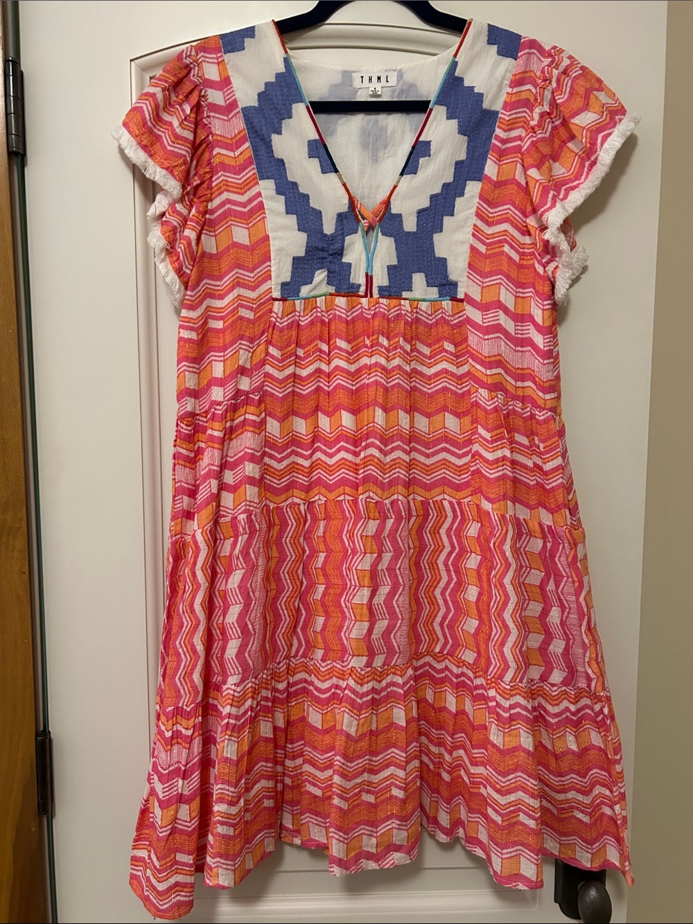 THML Pink, Orange & Blue Karla Tiered Geometric Midi Dress